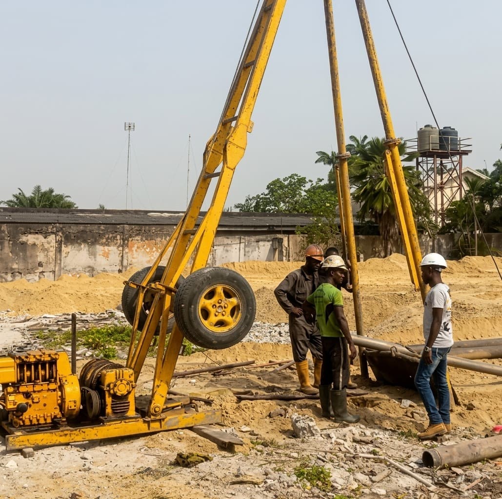 A Felmos crew boring a foundation investigation hole on a sand-filled Lagos plot, the tripod rig and winch set over the borehole